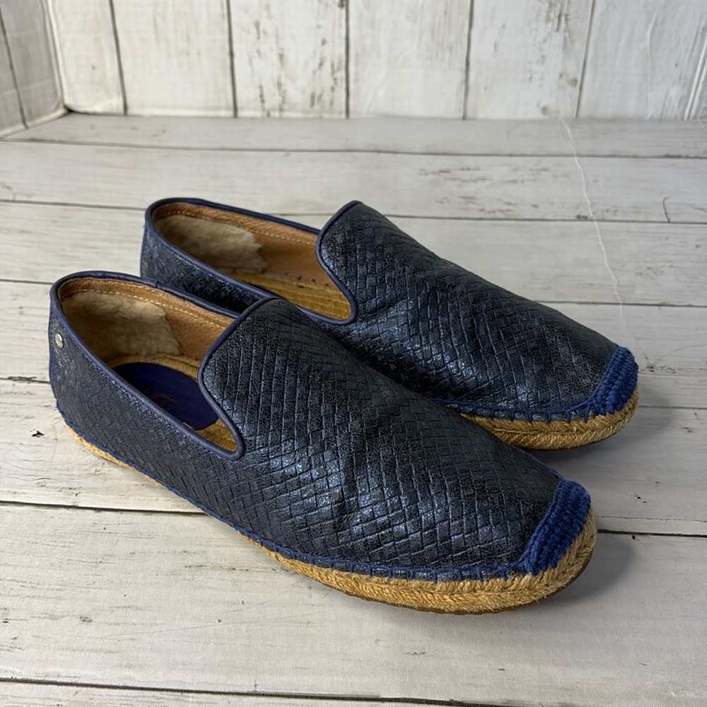 UGG SANDRINNE METALLIC LEATHER BASKET WEAVE BLUE ESPADRILLE